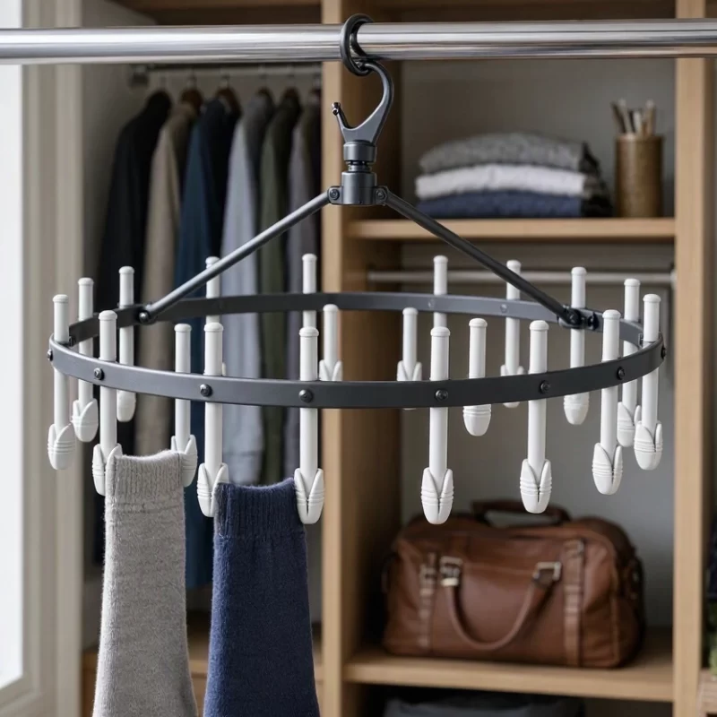 Space Saving Hanging Sock Dryer Round Laundry Rack with Strong Grip Pegs for Closet Storage Camping Travel