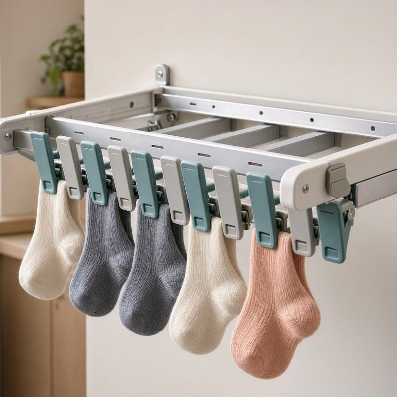 Wall Mounted Folding Sock Dryer Rack Space Saving Plastic Clothes Hanger with Moving Clips for Small Apartments