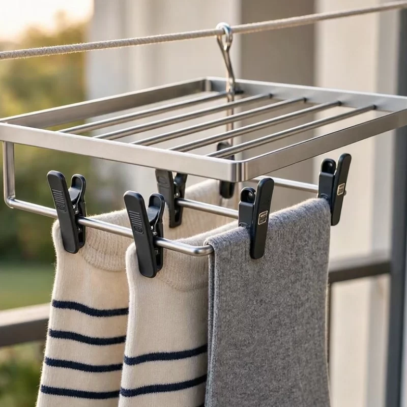 18 Premium Stainless Steel Clothes Hanger Compact Sock Drying Rack with Secure Windproof Clip for Outdoor Laundry Lines